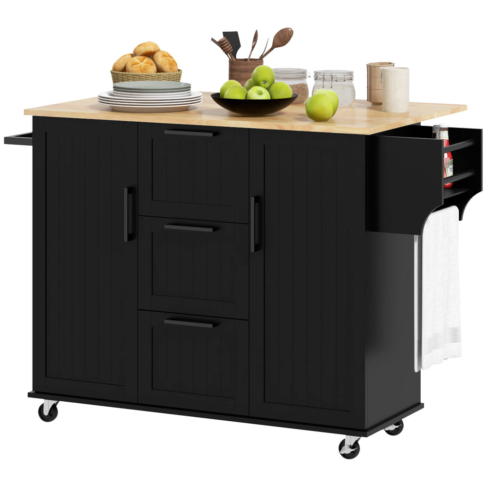 Kitchen trolley on wheels with flap, 3 drawers, solid wood top and towel rail, black
