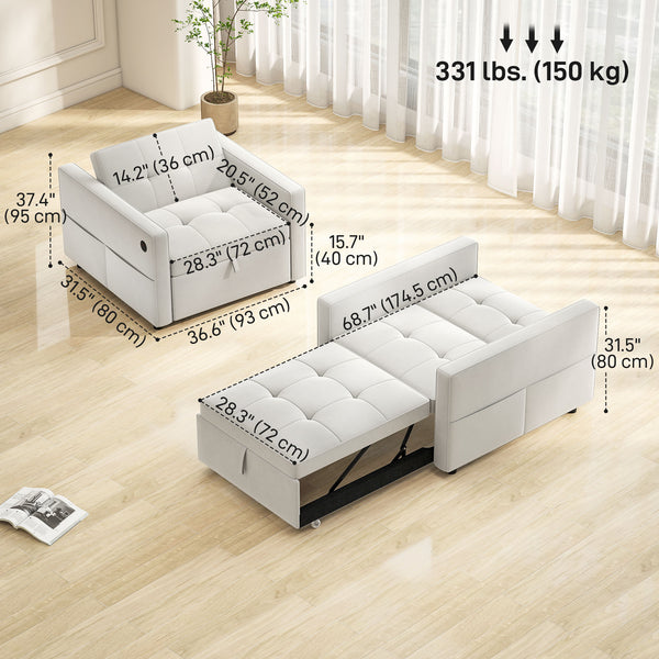Sofa beds with USB port, adjustable backrest in velvet, cream white