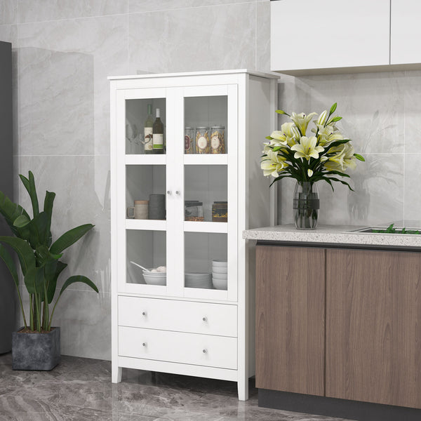 Storage unit with 3-tier shelves, 2 drawers and glass doors, white