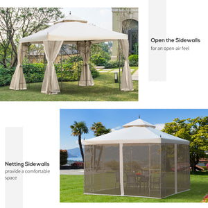 10 x 10 steel gazebo with removable mesh curtains, shelves and steel frame, beige