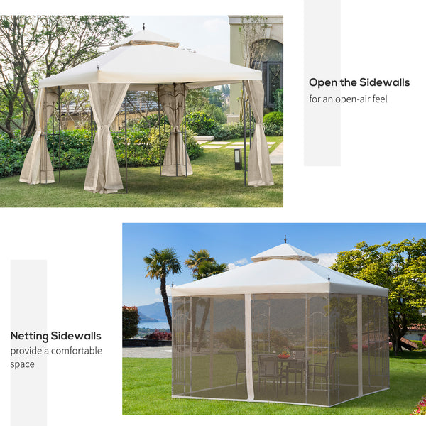 10 x 10 steel gazebo with removable mesh curtains, shelves and steel frame, beige