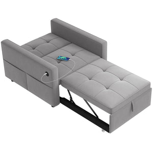 Armchair convertible into a bed with USB port, adjustable backrest, in velvet, gray