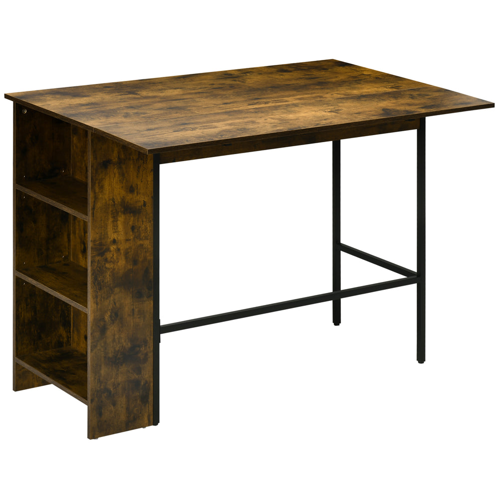 Extendable bar table with adjustable storage shelf, rustic brown