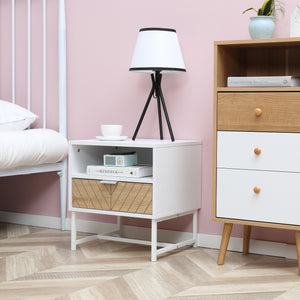 Modern bedside table with drawer and storage shelf, white and oak