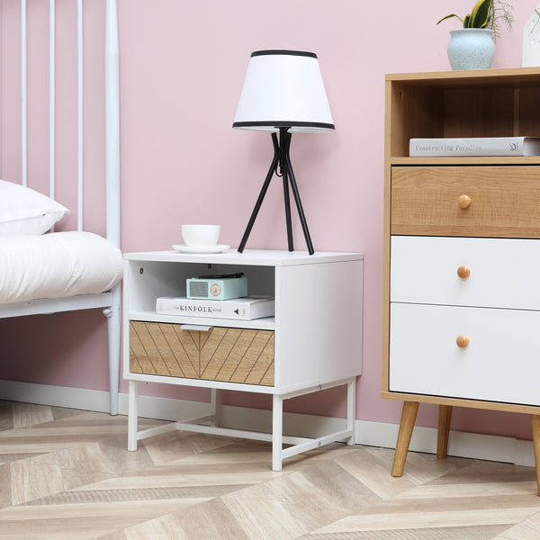 Modern bedside table with drawer and storage shelf, white and oak