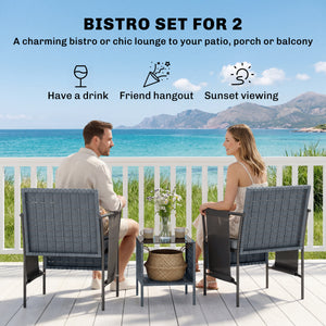 Ensemble de mobilier de jardin 3 pièces en résine tressée, poches latérales, assise en filet, table en verre à 2 niveaux, coussins, gris