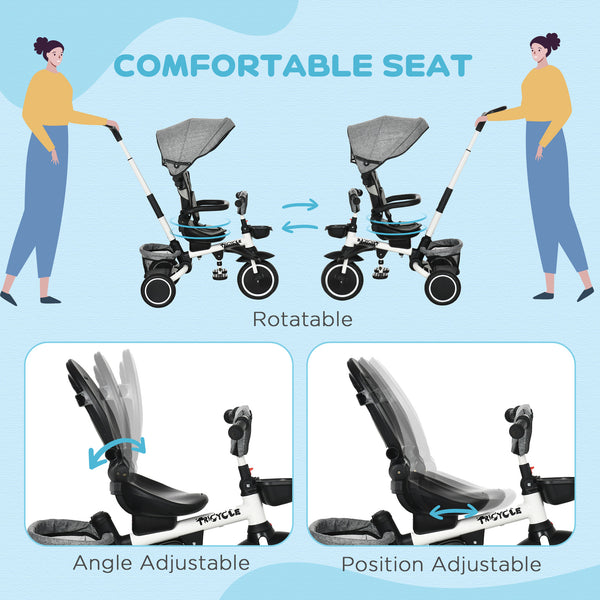 6-in-1 Folding Tricycle with Adjustable Seat, Safety Harness, Removable Canopy, Grey