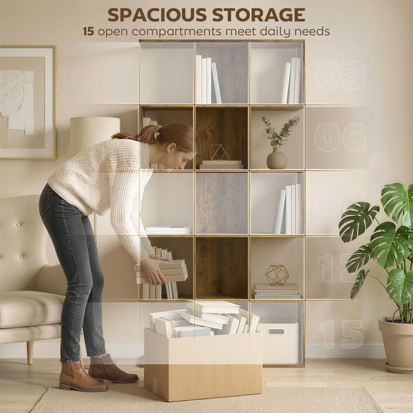 5-Tier Geometric S-Shaped Bookshelf with 15 Compartments, Rustic Brown