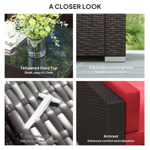 7 Piece Wicker Patio Sectional Set, Wine Red