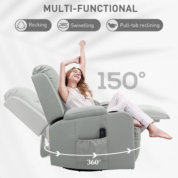 Recliner Chair with 8 Vibrations, PU Leather Upholstered Recliner with Wide Seat, Cup Holders, Rocker, Light Grey