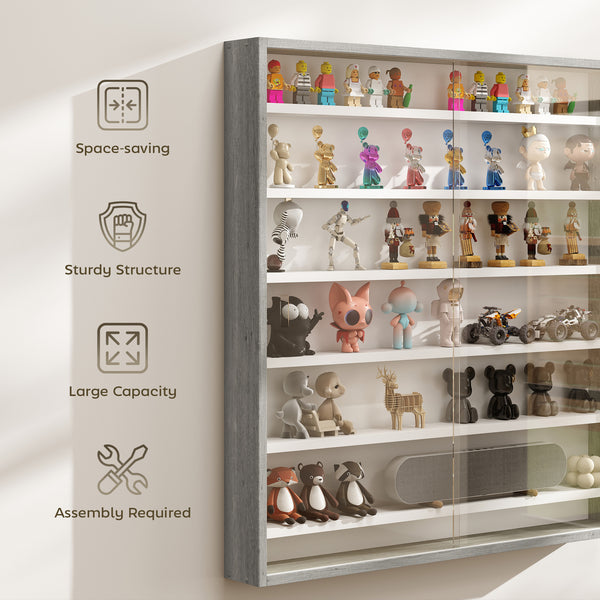 Vitrine à 7 niveaux en verre avec 2 portes vitrées et 6 étagères réglables, grise