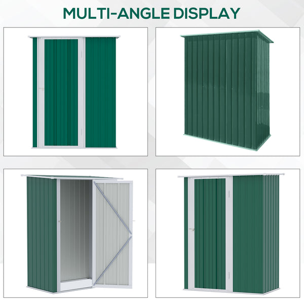 Metal garden shed with sloping roof and lockable door for tools, green