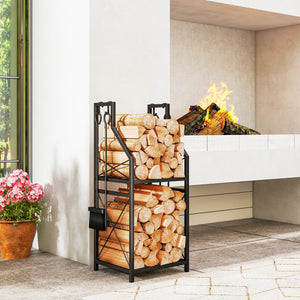 2-tier firewood rack with 4 fireplace tools