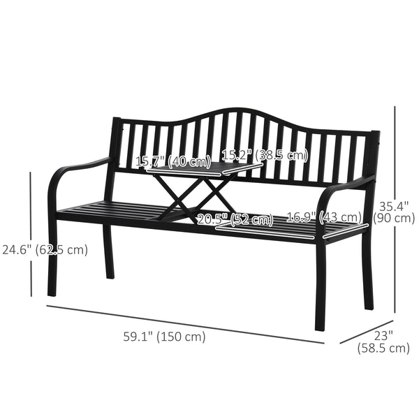 Metal outdoor bench with central lifting table for 2 to 3 people, black