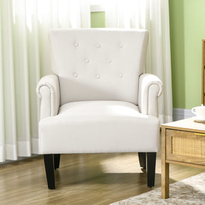 Fabric accent chair with wooden legs and rounded armrests, cream white