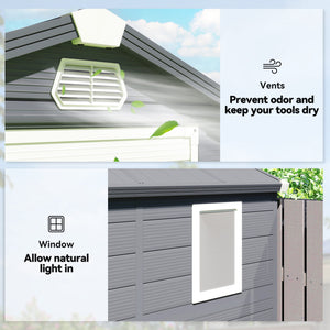 Plastic garden shed with latch door, vents, sloping roof, dark grey