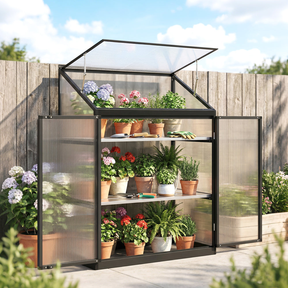Polycarbonate garden greenhouse with shelves, black 