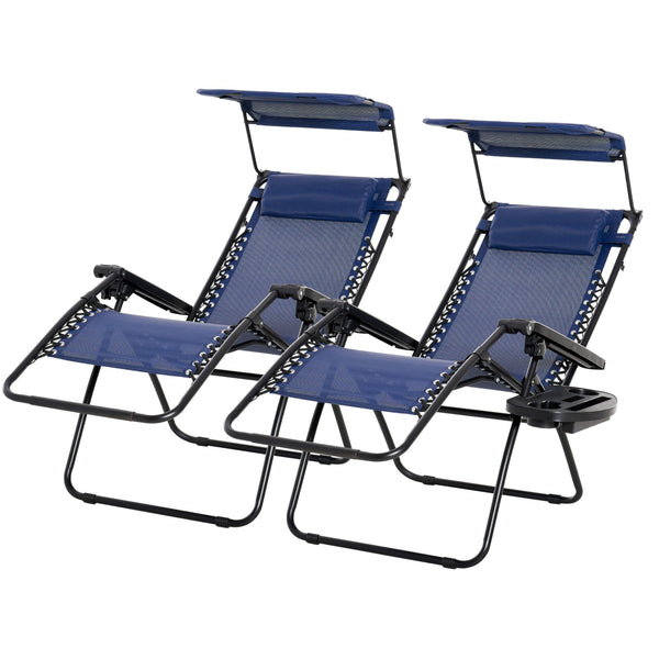 Set of 2 folding chairs with zero-gravity canopy, blue