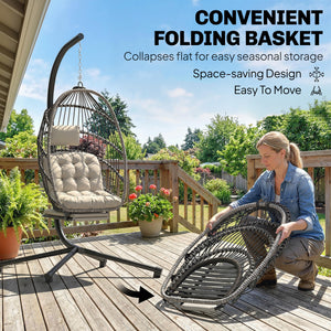 Light gray metal support egg-shaped outdoor hanging chair with retractable footrest