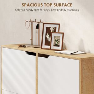 Narrow shoe cabinet for 16 pairs of shoes with 4 hinged drawers and adjustable shelves, natural color