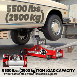 2.5-ton extra-low profile hydraulic jack with lifting range up to 14.1 in