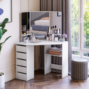 Corner dressing table with 3-piece mirror and 5 drawers, white