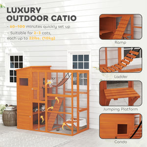 Cat enclosure with condo, jumping platforms, ladder, ramps and hammock, orange