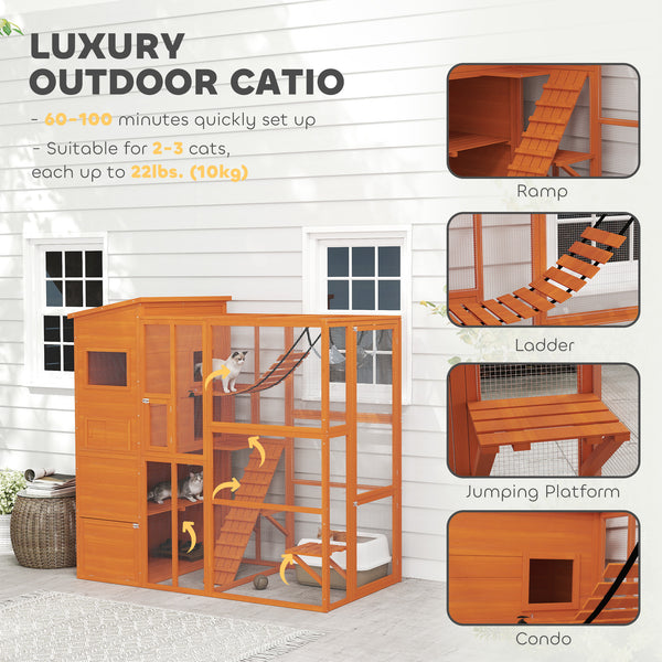 Cat enclosure with condo, jumping platforms, ladder, ramps and hammock, orange