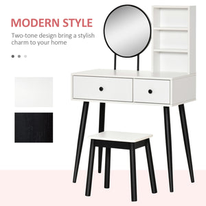 Dressing table with stool, drawers and shelf, white and black