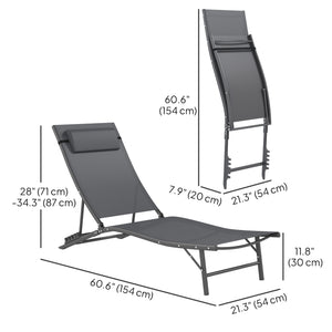 Set of 2 Outdoor Folding Lounge Chairs with Adjustable Backrest, Headrest and Mesh Seat for Beach and Pool, Grey