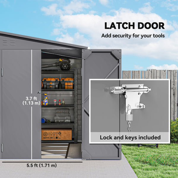 Lean-to steel garden shed with foundation kit, lockable doors, grey 