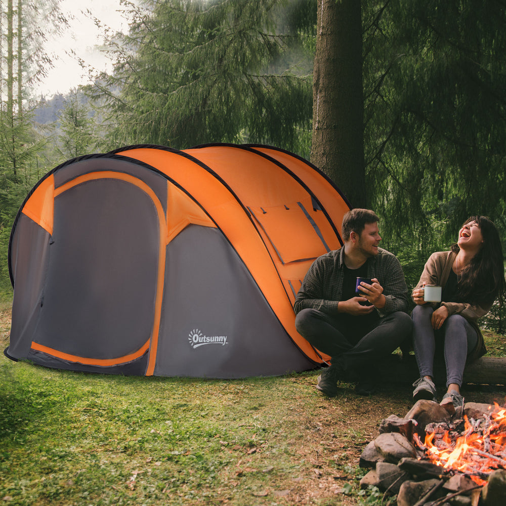 4 Person Camping Tent, Easy to Set Up with Doors, Windows and Carry Bag, Self-Setting, Orange