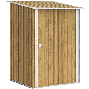 Compact galvanized steel garden shed with lockable door, wood color