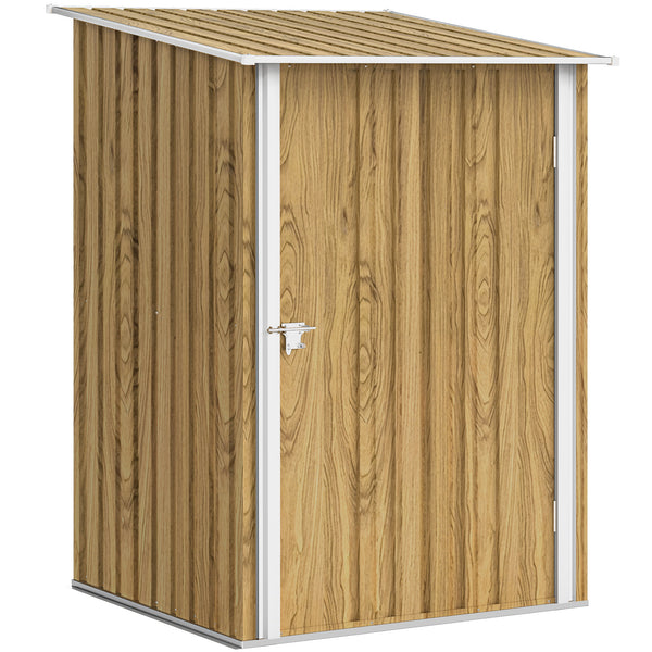 Compact galvanized steel garden shed with lockable door, wood color