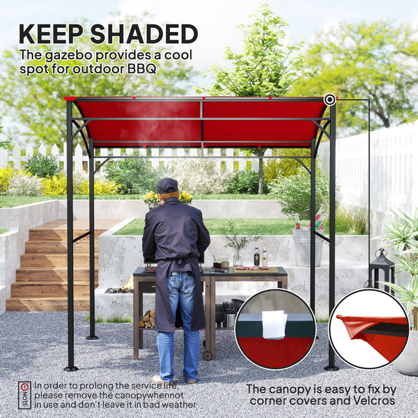 Barbecue shelter with steel frame and hooks, burgundy red