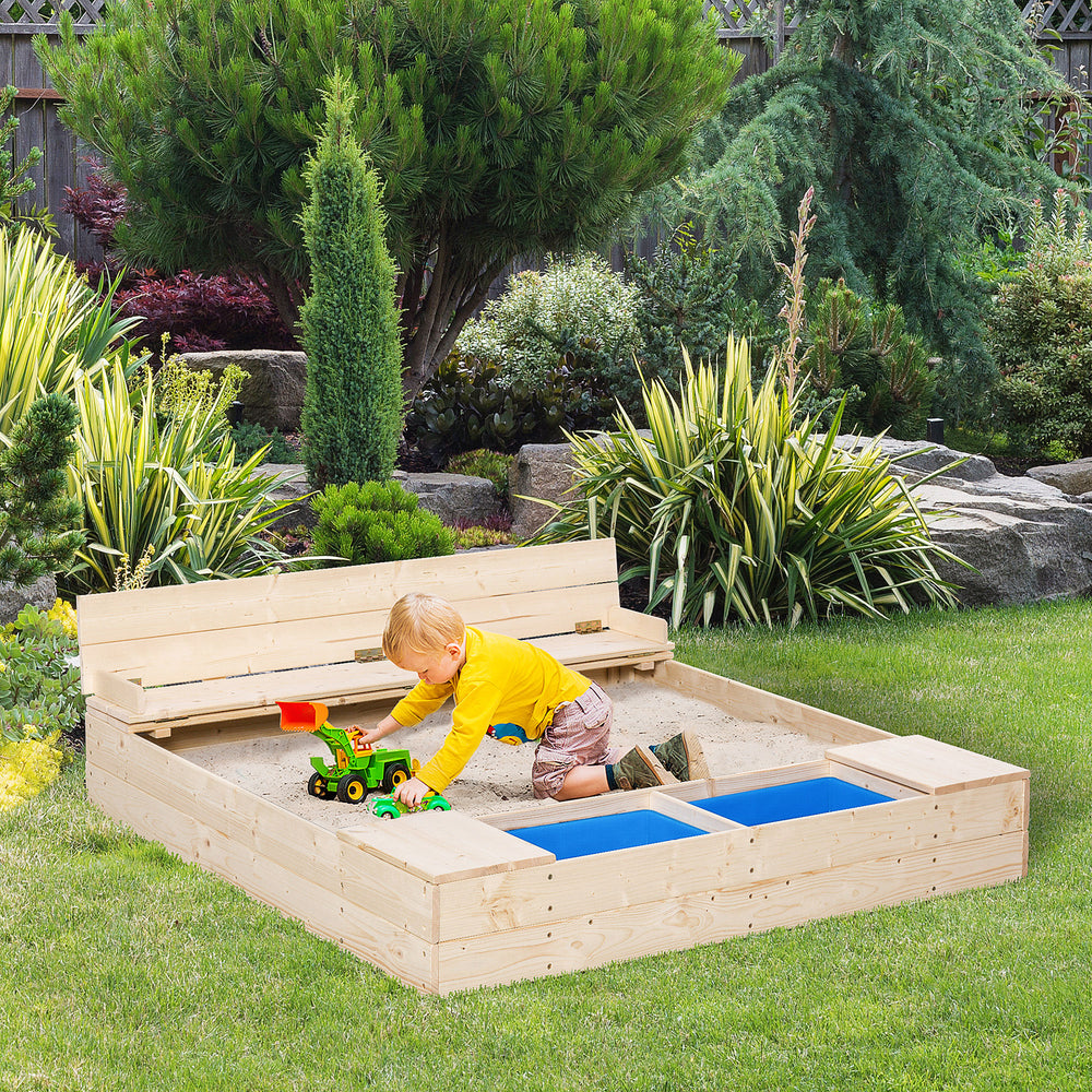 Wooden sandbox with folding bench, 2 plastic trays and bottom liner