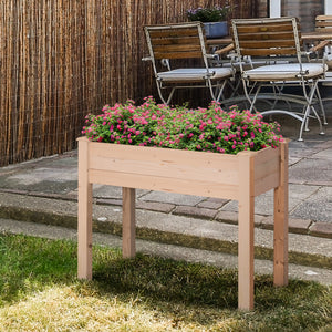 Raised wooden planter with legs, drainage holes and inner bag, natural color