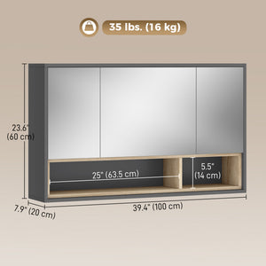 Wall-mounted bathroom cabinet with mirror and 8 storage compartments, gray