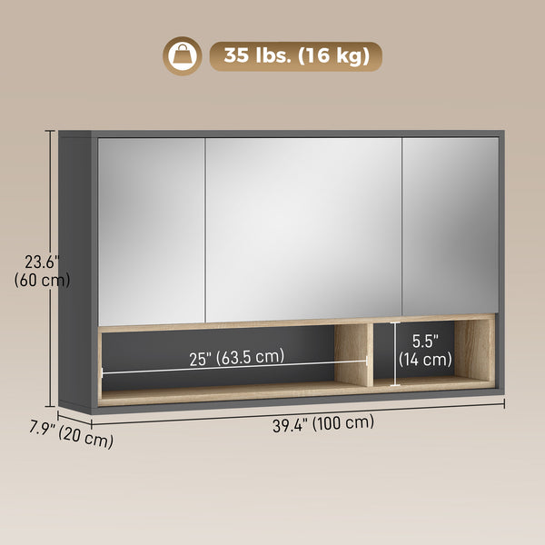 Wall-mounted bathroom cabinet with mirror and 8 storage compartments, gray