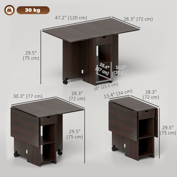 Folding dining table with drawer and storage shelves dark brown