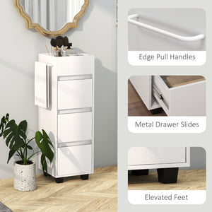 Narrow storage cabinet with 3 drawers, 4 compartments and towel rack – White