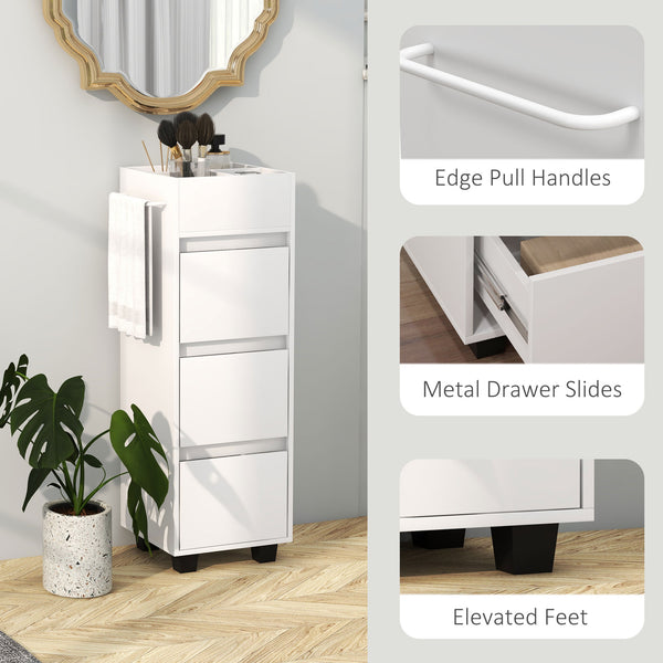 Narrow storage cabinet with 3 drawers, 4 compartments and towel rack – White