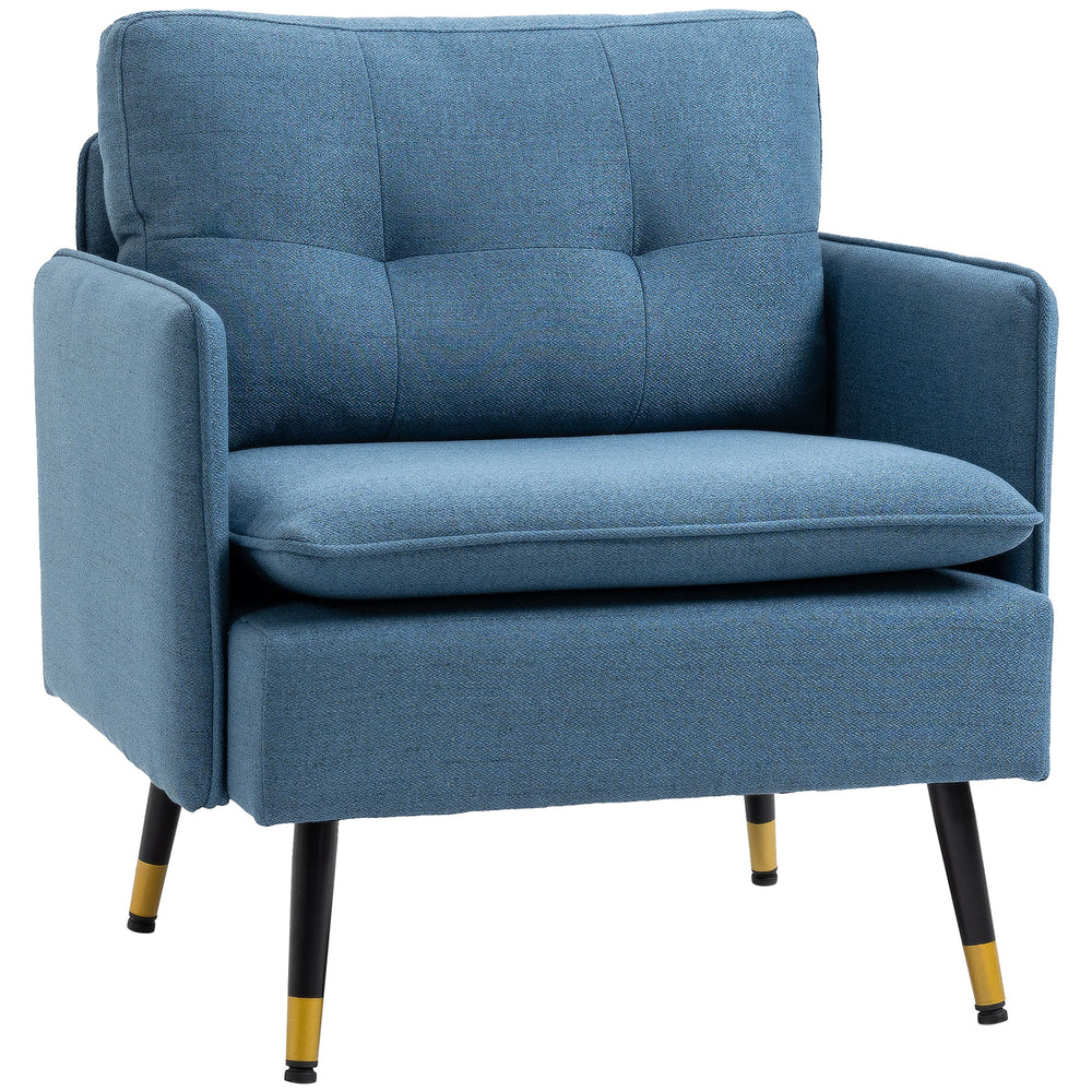 Modern upholstered accent chair with tufted back and steel legs, blue