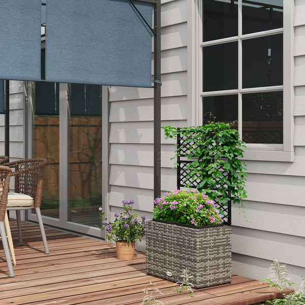 Raised planter with trellis, made of PE rattan with two plant trays
