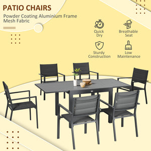 7 Piece Garden Dining Set for 6 People, Extendable Aluminum Outdoor Table, Stackable High Back Chairs, Dark Grey