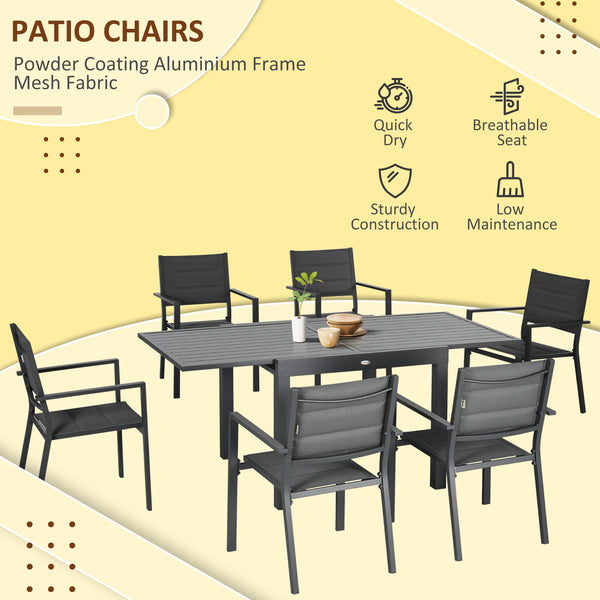 7 Piece Garden Dining Set for 6 People, Extendable Aluminum Outdoor Table, Stackable High Back Chairs, Dark Grey