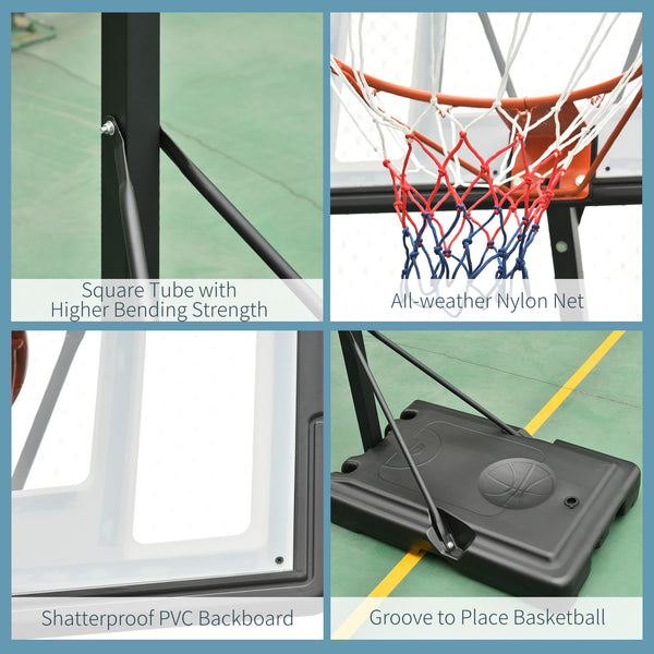 Portable basketball hoop with wheels, adjustable height from 2.4 to 3 m, black