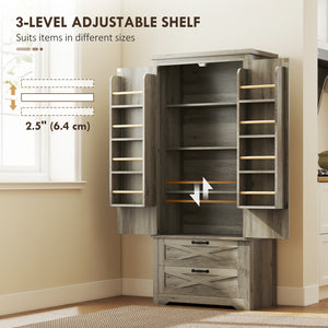 Country Style Pantry with Drawers, Distressed Gray