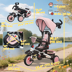 6 in 1 Tricycle with Push Handle, Removable Canopy, Swivel Seat, Pink