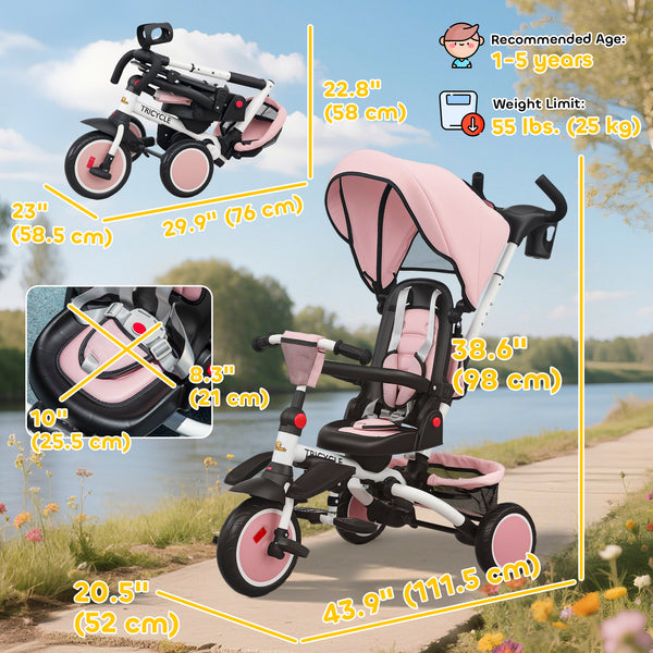 6 in 1 Tricycle with Push Handle, Removable Canopy, Swivel Seat, Pink